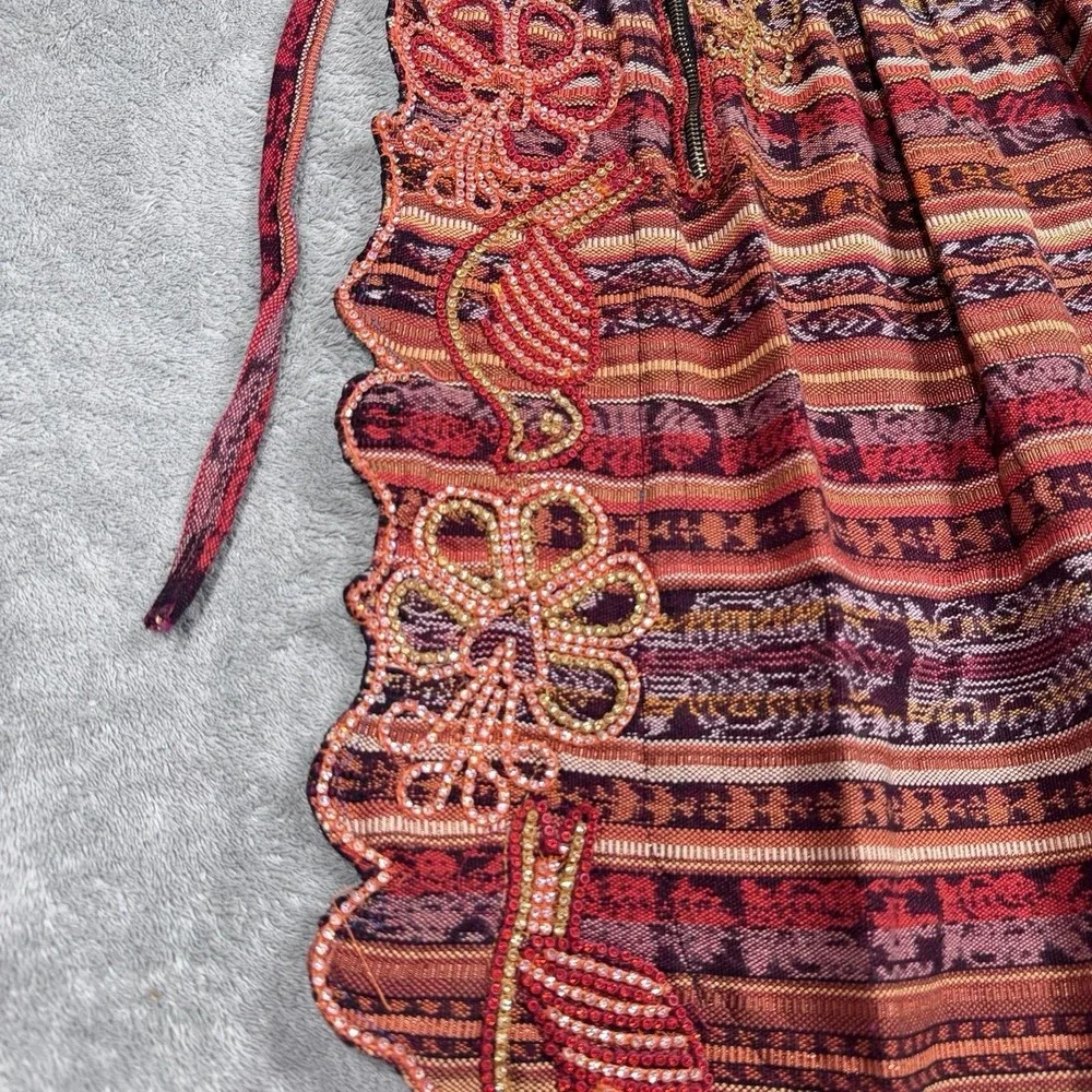 Handmade Guatemalan Embroidered Beaded Apron Floral Folk Art Boho Zipper Pockets